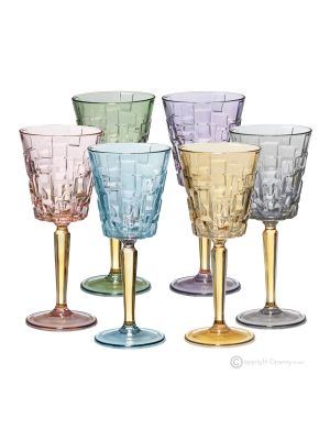 SQUARE Set of 6 authentic hand-painted stemmed water glasses in superior quality glass.