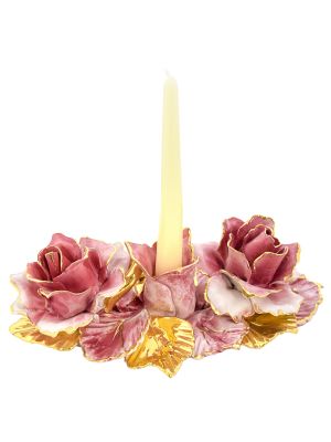 PORTACANDELE ROSA Candle Holders Candlestick Ceramic Artistic Baroque 24k Gold Made Italy