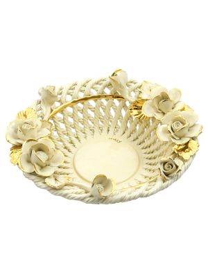 CENTROTAVOLA ROSE Centerpiece Bowl Ceramic Artistic Creations Baroque 24k Gold Made Italy-Cream-Gold