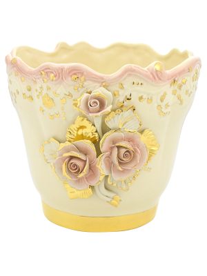 PORTAVASO ROSE 3 Cachepot Planter Ceramic Artistic 24k Gold Deco Handcraft Made in Italy-Pink