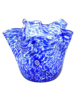FAZZOLETTO MACETE MURRINE Murano Glass Vase Bowl Silverleaf Murrine Venice Made Italy-Blue