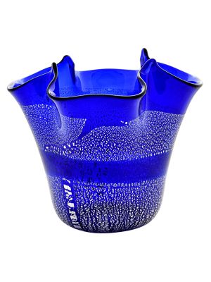 FAZZOLETTO FASCIA ARGENTO Centerpiece Murano Glass Vase Bowl Silverleaf Venice Made Italy-Blue