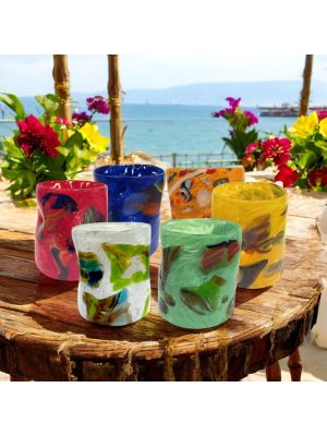 Set of 6 blown glass glasses with inlays made of fused glass, authentic Murano.