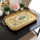 VASSOIO GALLERIA Tray Metal Edge Wood Bottom Flowers Gold Deoration Handcraft Made in Italy