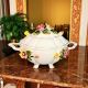 Artistic ceramic tureen in baroque style, floral decoration with gold, handmade.