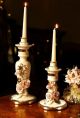 Set of 2 candlesticks in fine ceramic, decorated with roses and golden details, handmade.